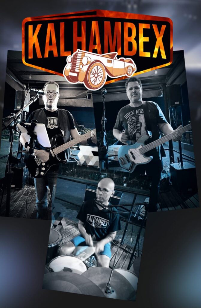 Arte promocional da banda Kalhambex com os tres integrantes