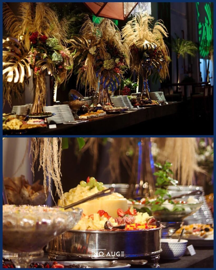 Buffet e decoração com estrutura e iluminação em evento em Salvador
