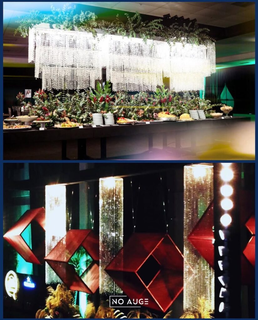 Ambientação com lustres e decoração em evento em Salvador