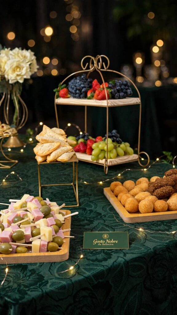 Mesa de salgados, frutas e espetinhos com toalha verde, Gosto Nobre da Belmira