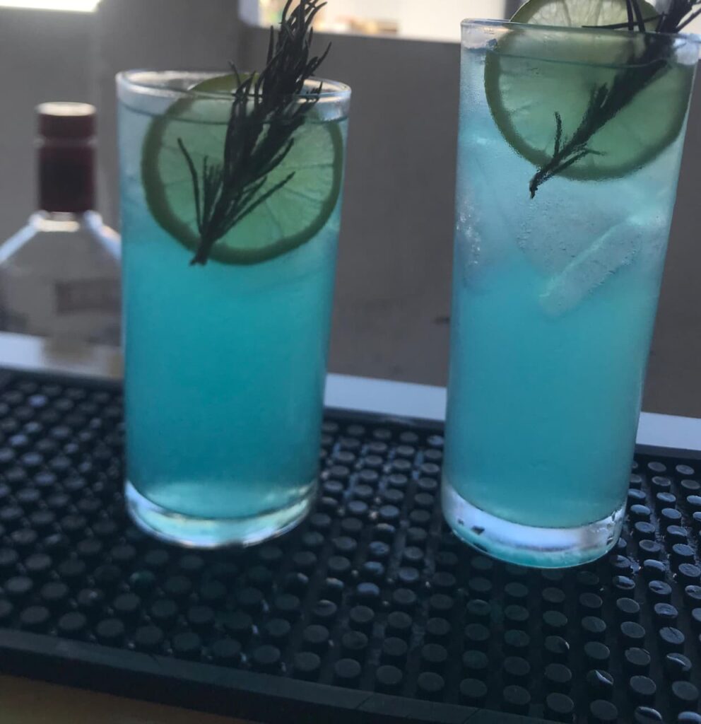 Dois drinks azuis com limão e alecrim, Essencial Drinks RJ