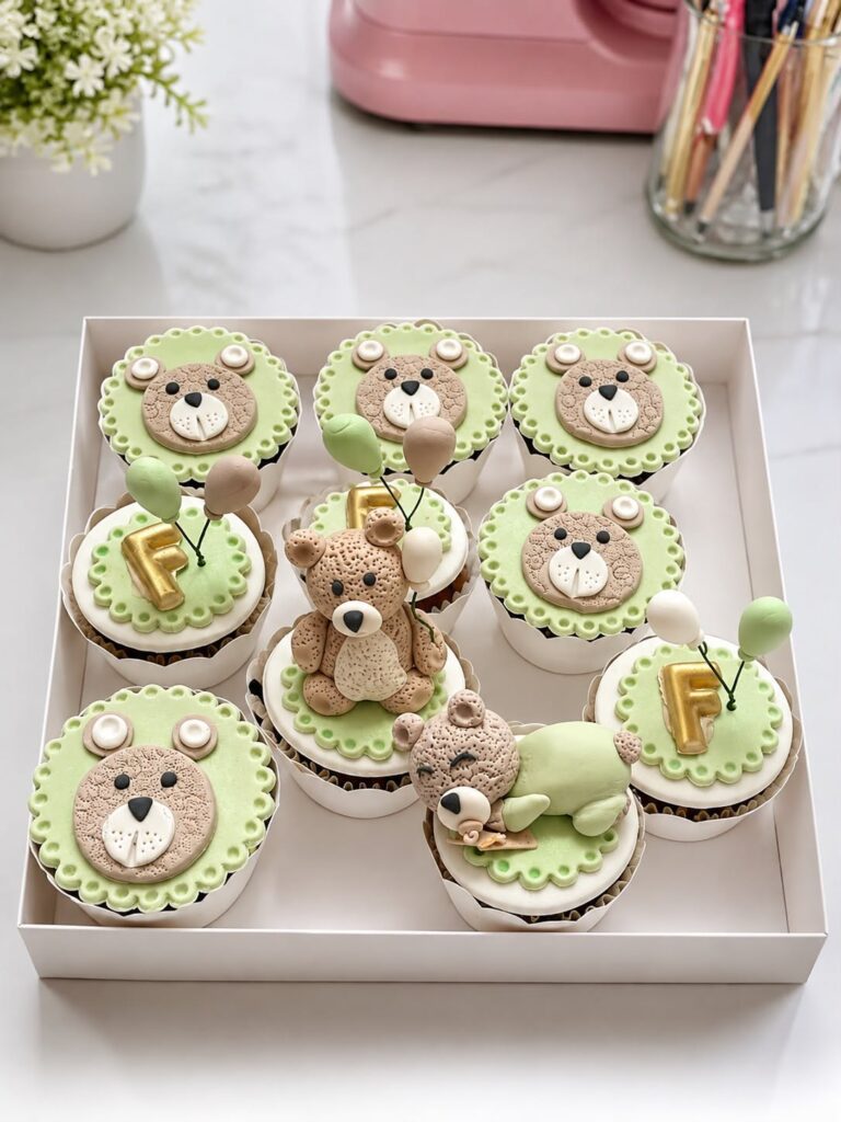 Caixa de cupcakes decorados com ursinhos verdes