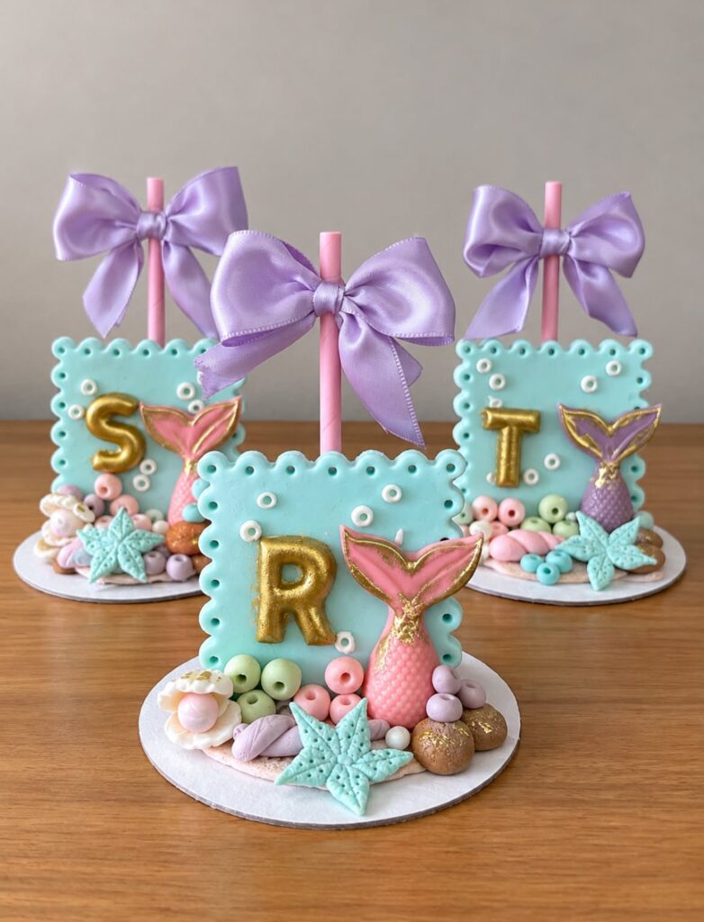 Pirulitos de chocolate decorados com cauda de sereia e laço lilás